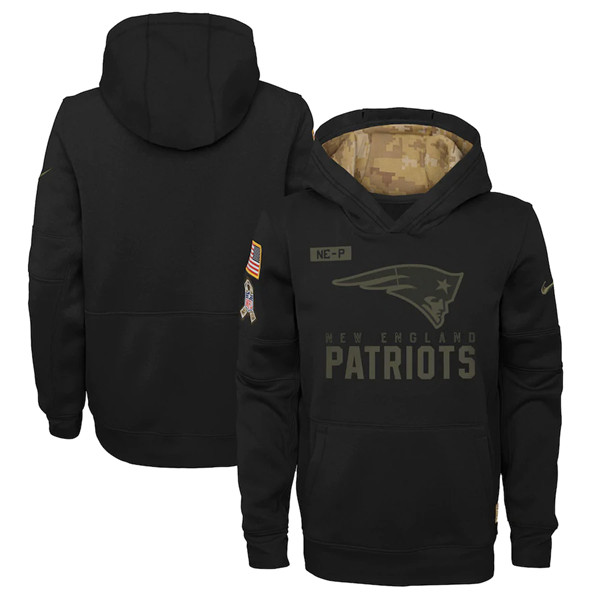 Youth New England Patriots Black Salute To Service Sideline Performance Pullover Hoodie 2020